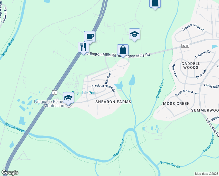 map of restaurants, bars, coffee shops, grocery stores, and more near 9809 Precious Stone Drive in Wake Forest