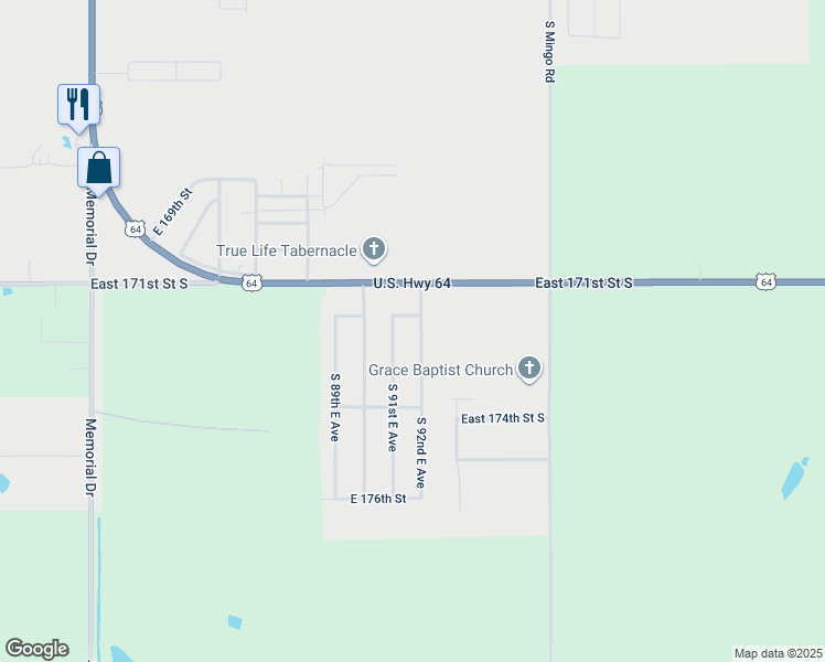 map of restaurants, bars, coffee shops, grocery stores, and more near 17208 South 92nd East Avenue in Bixby