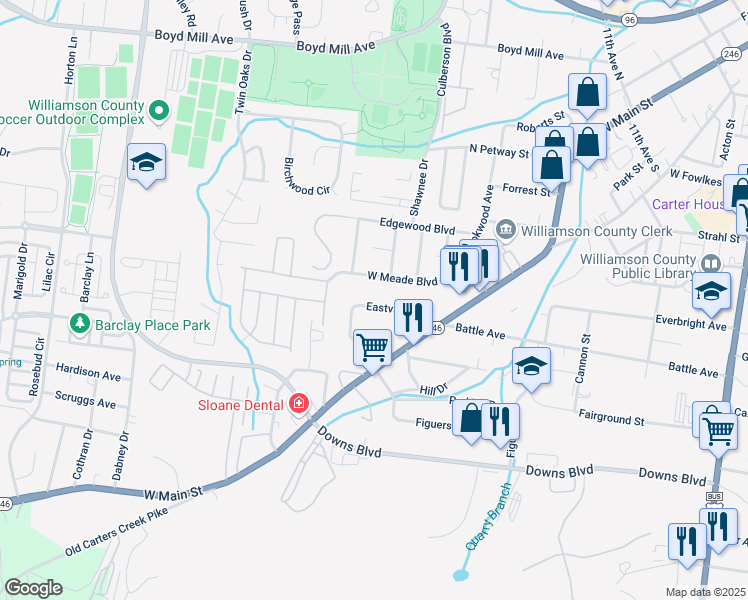 map of restaurants, bars, coffee shops, grocery stores, and more near 611 West Meade Boulevard in Franklin