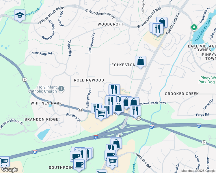 map of restaurants, bars, coffee shops, grocery stores, and more near 1800 Southpoint Crossing Drive in Durham