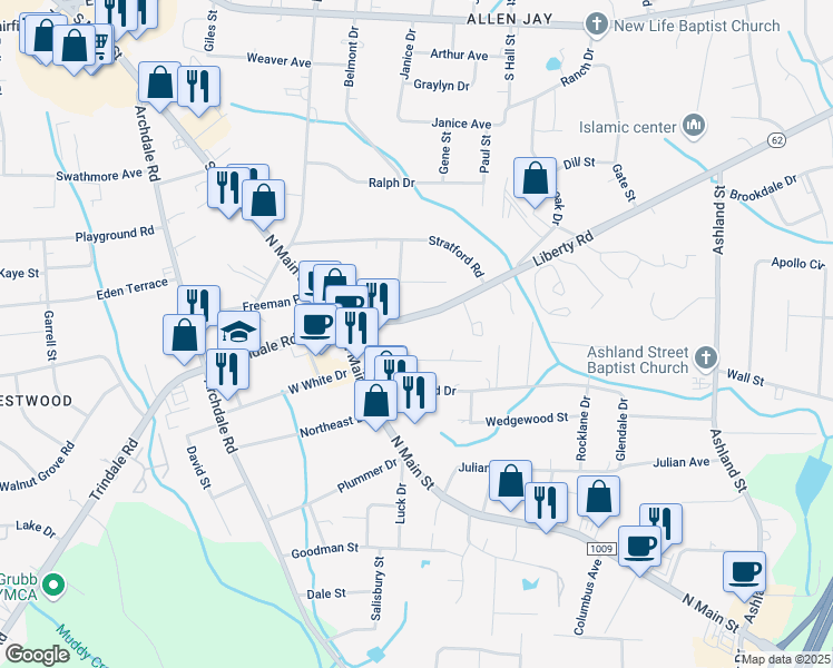 map of restaurants, bars, coffee shops, grocery stores, and more near 218 Liberty Road in Archdale