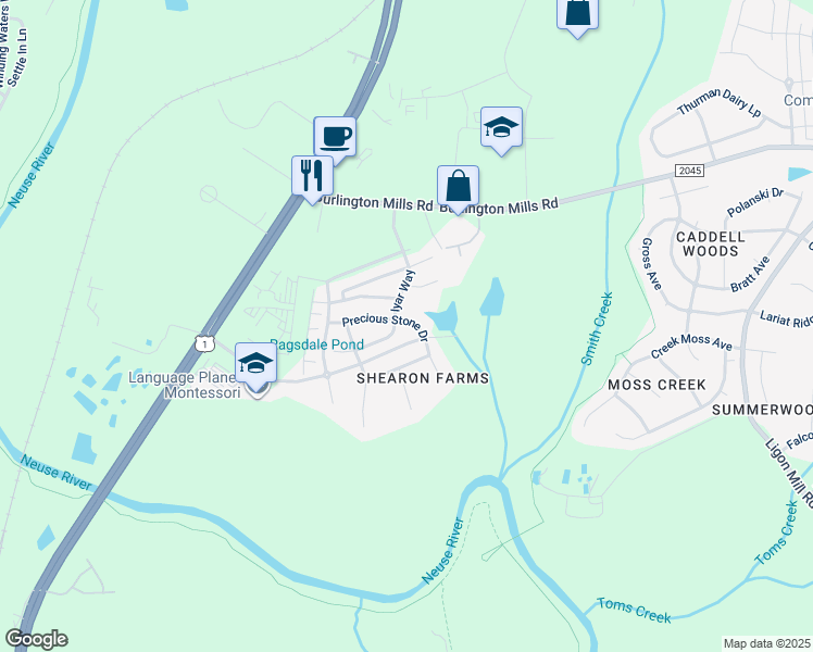 map of restaurants, bars, coffee shops, grocery stores, and more near 9811 Precious Stone Drive in Wake Forest