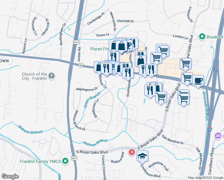 map of restaurants, bars, coffee shops, grocery stores, and more near 413 Shadycrest Lane in Franklin