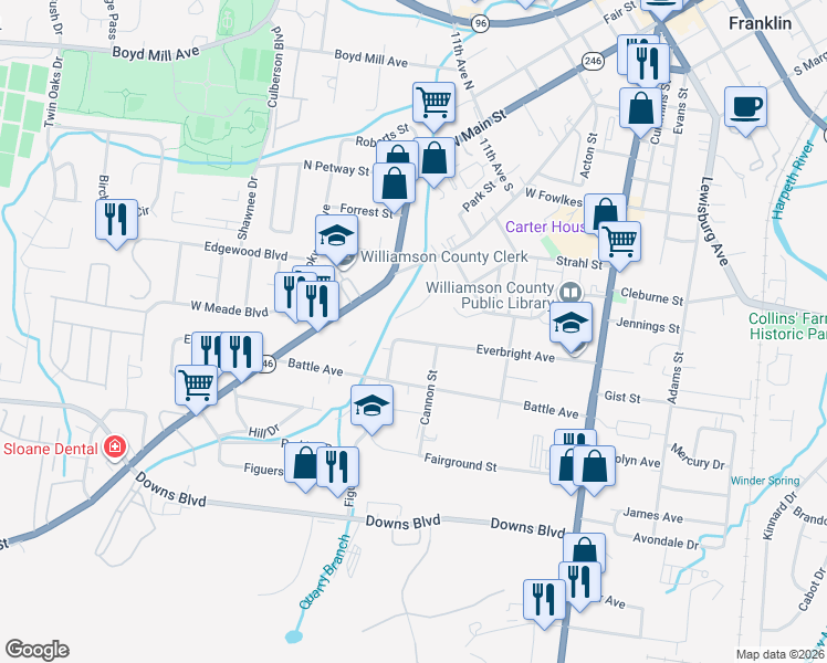 map of restaurants, bars, coffee shops, grocery stores, and more near 173 Spring Street in Franklin