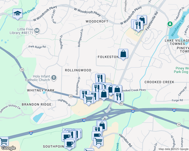 map of restaurants, bars, coffee shops, grocery stores, and more near 735 Southpoint Crossing Drive in Durham
