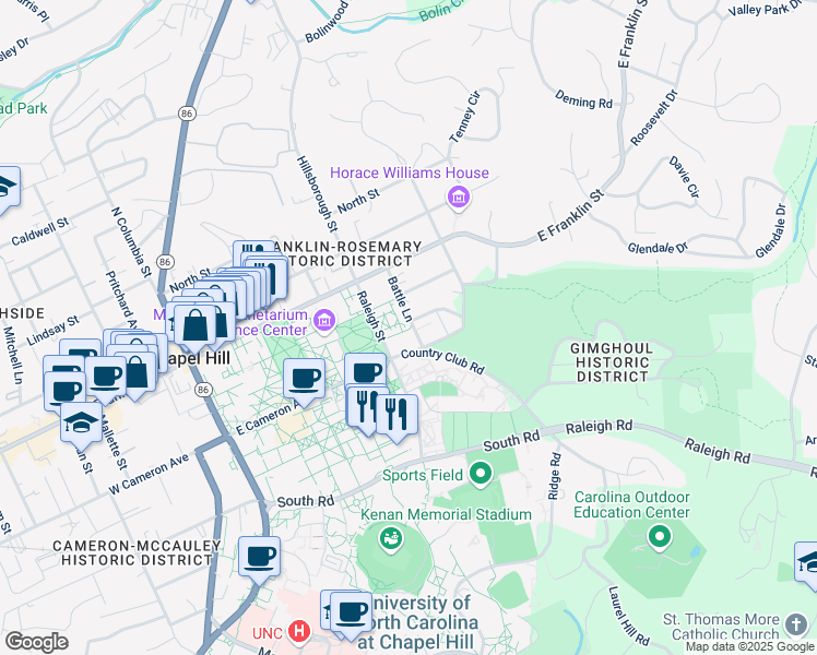 map of restaurants, bars, coffee shops, grocery stores, and more near 112 Battle Lane in Chapel Hill