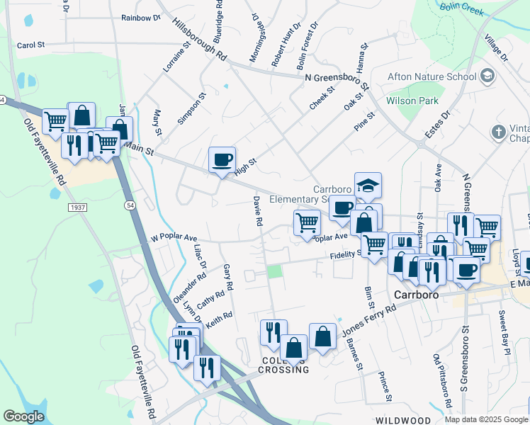 map of restaurants, bars, coffee shops, grocery stores, and more near 711 A West Main Street in Carrboro