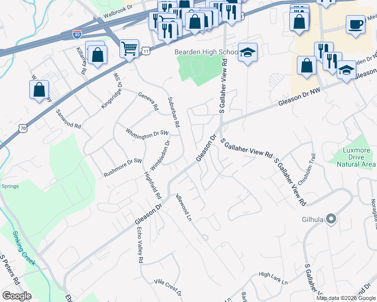 map of restaurants, bars, coffee shops, grocery stores, and more near 401 South Gallaher View Road in Knoxville
