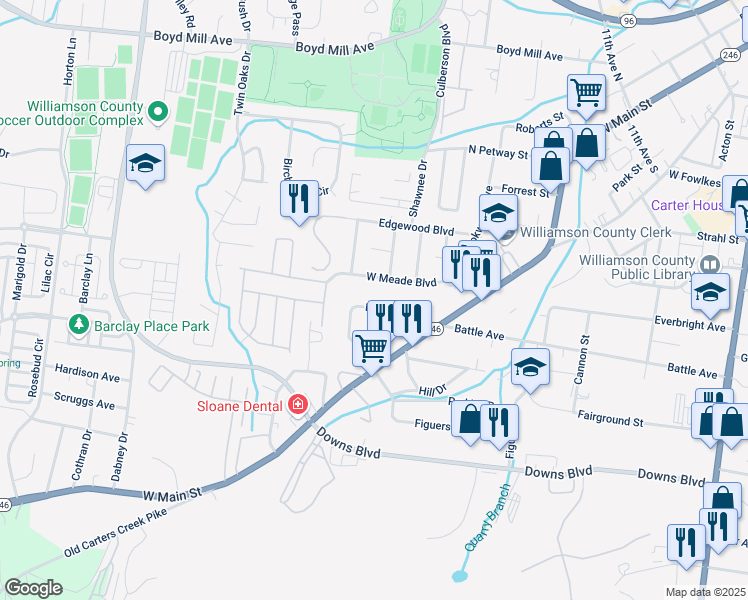 map of restaurants, bars, coffee shops, grocery stores, and more near 611 West Meade Boulevard in Franklin