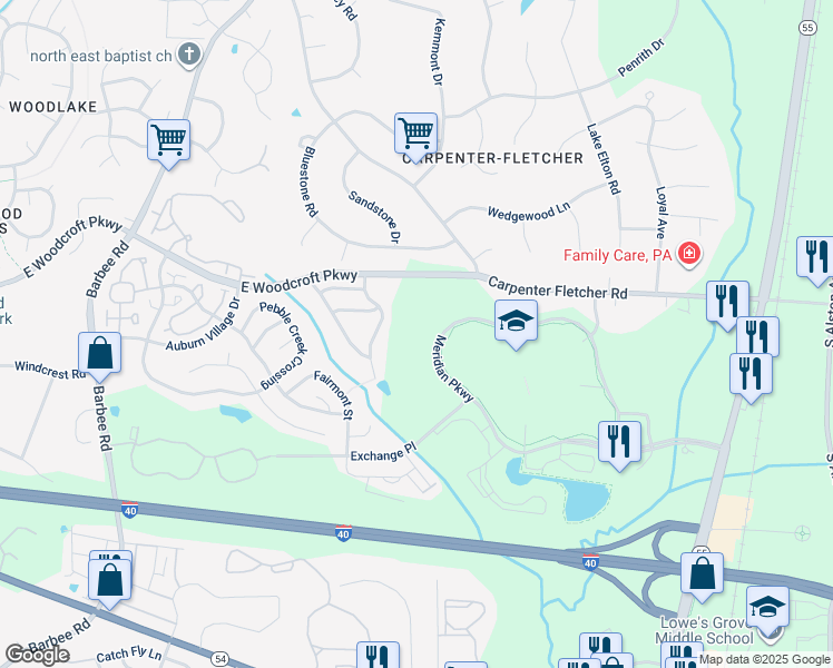 map of restaurants, bars, coffee shops, grocery stores, and more near 2635 Meridian Parkway in Durham