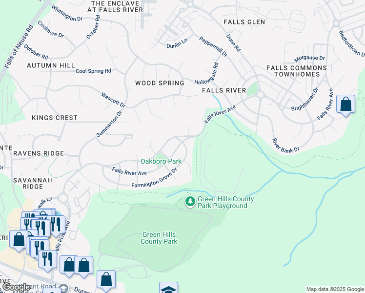 map of restaurants, bars, coffee shops, grocery stores, and more near 1828 Falls River Avenue in Raleigh