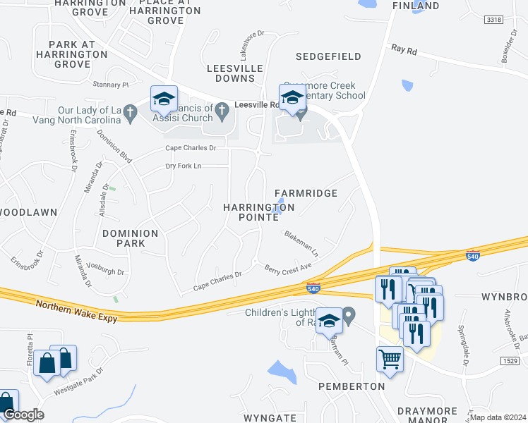 map of restaurants, bars, coffee shops, grocery stores, and more near 6008 McDevon Drive in Raleigh