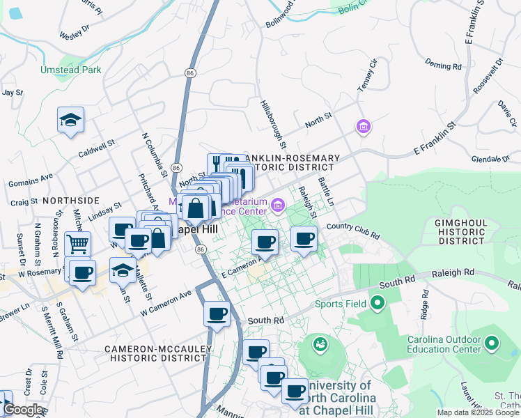 map of restaurants, bars, coffee shops, grocery stores, and more near 210 East Franklin Street in Chapel Hill