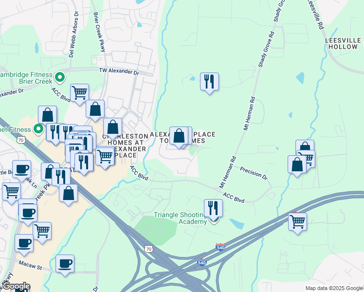 map of restaurants, bars, coffee shops, grocery stores, and more near 7826 Silverthread Lane in Raleigh
