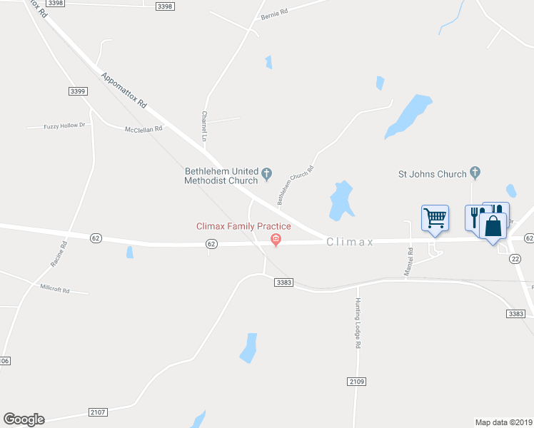 map of restaurants, bars, coffee shops, grocery stores, and more near 6104 Appomattox Road in Climax