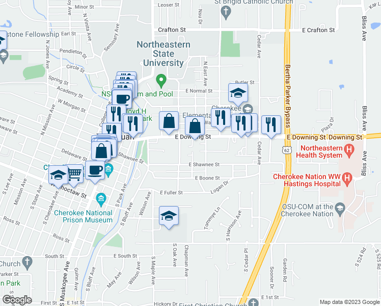 map of restaurants, bars, coffee shops, grocery stores, and more near 417 East Shawnee Terrace in Tahlequah