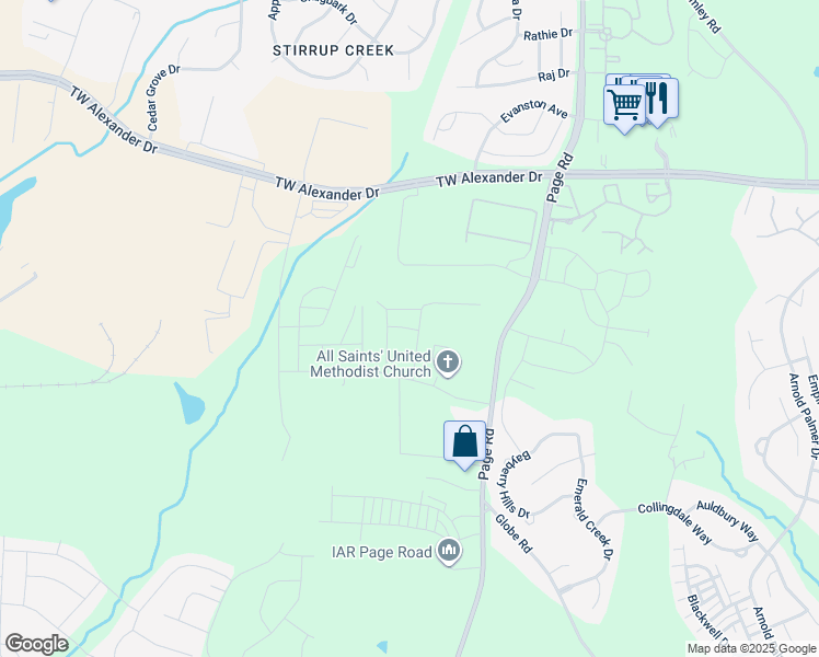 map of restaurants, bars, coffee shops, grocery stores, and more near 124 Pelsett Street in Morrisville
