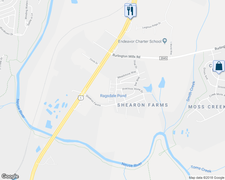 map of restaurants, bars, coffee shops, grocery stores, and more near 4201 Virginia Colony Drive in Wake Forest