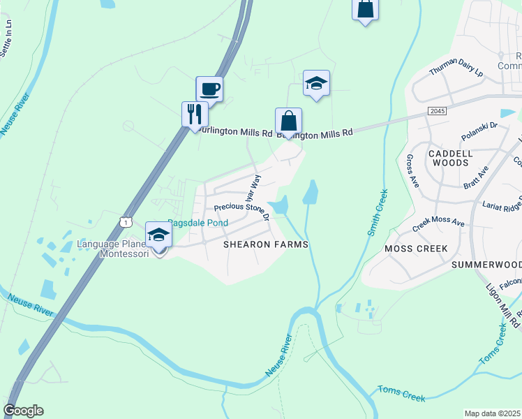 map of restaurants, bars, coffee shops, grocery stores, and more near 9803 Precious Stone Drive in Wake Forest