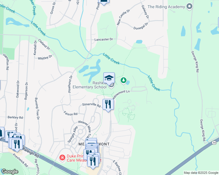 map of restaurants, bars, coffee shops, grocery stores, and more near 601 Meadowmont Lane in Chapel Hill