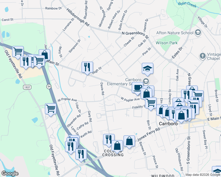 map of restaurants, bars, coffee shops, grocery stores, and more near 703 West Main Street in Carrboro