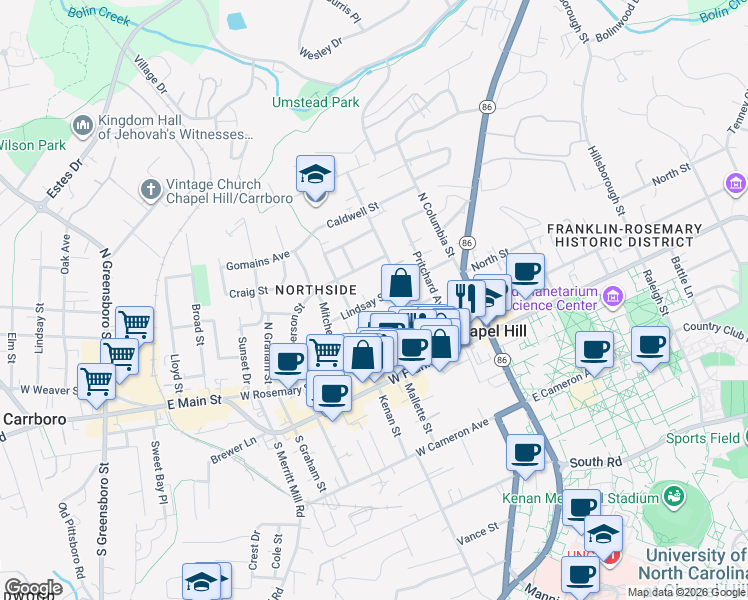map of restaurants, bars, coffee shops, grocery stores, and more near 308 Lindsay Street in Chapel Hill