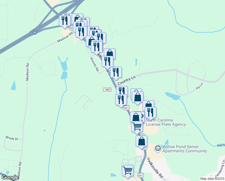 map of restaurants, bars, coffee shops, grocery stores, and more near 1188 Yadkinville Road in Mocksville