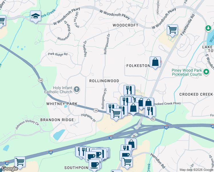 map of restaurants, bars, coffee shops, grocery stores, and more near 4815 Rollingwood Drive in Durham