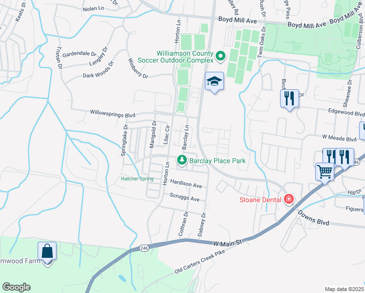 map of restaurants, bars, coffee shops, grocery stores, and more near 326 Main Street in Franklin