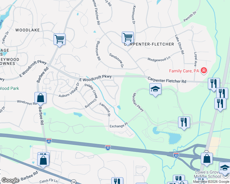 map of restaurants, bars, coffee shops, grocery stores, and more near 1415 Crimson Creek Drive in Durham