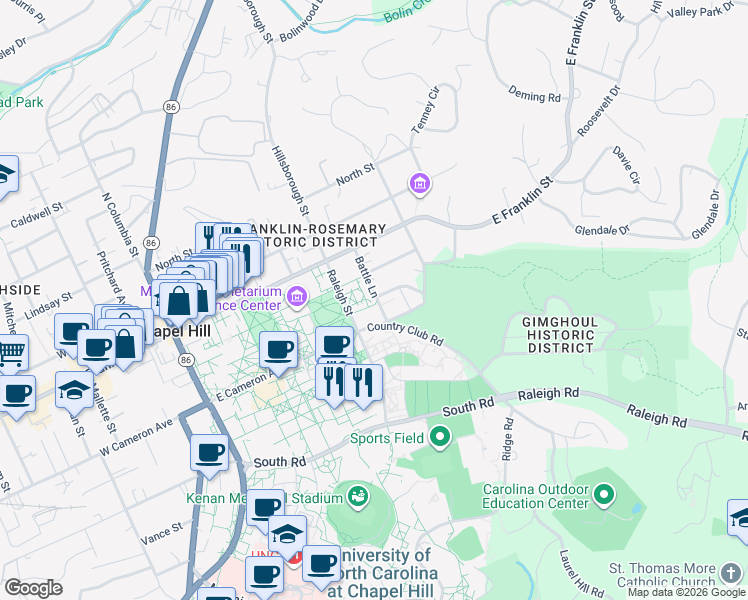 map of restaurants, bars, coffee shops, grocery stores, and more near 112 Battle Lane in Chapel Hill