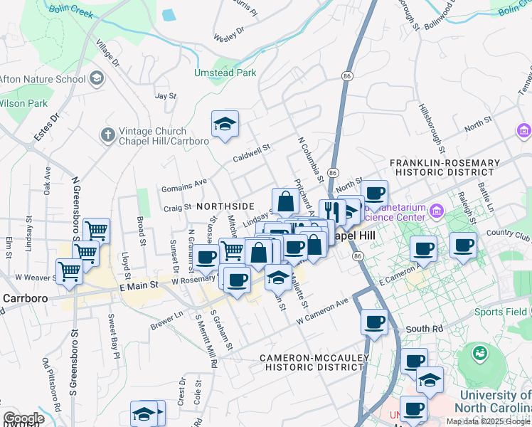 map of restaurants, bars, coffee shops, grocery stores, and more near 308 Lindsay Street in Chapel Hill