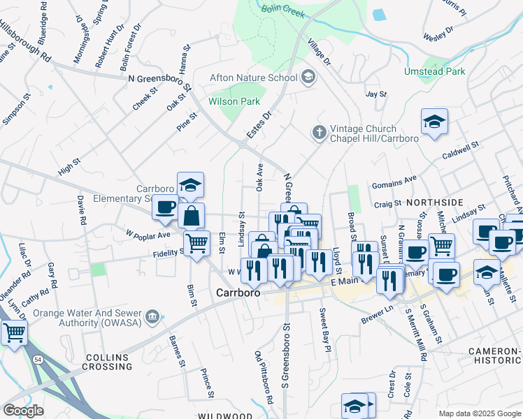 map of restaurants, bars, coffee shops, grocery stores, and more near 402 Oak Avenue in Carrboro