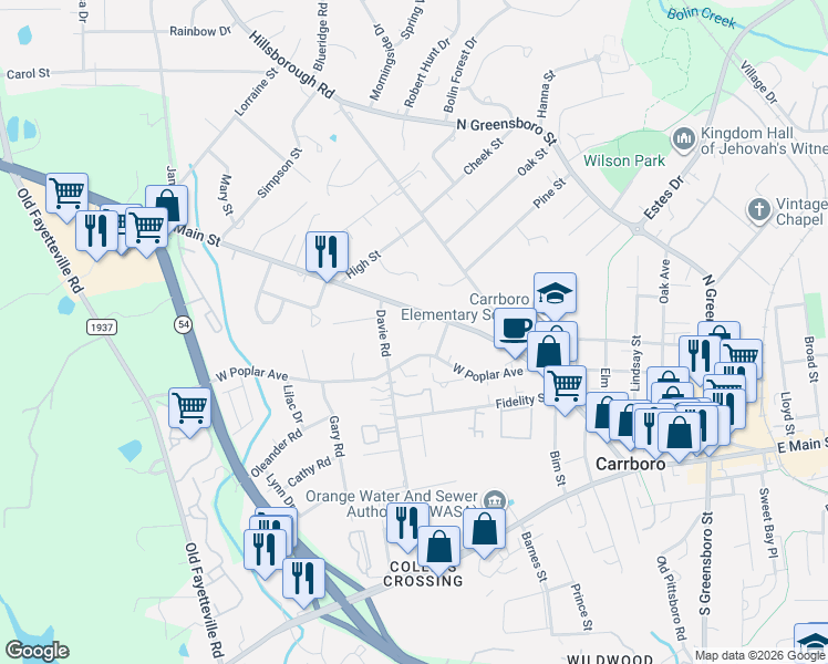 map of restaurants, bars, coffee shops, grocery stores, and more near 703 West Main Street in Carrboro