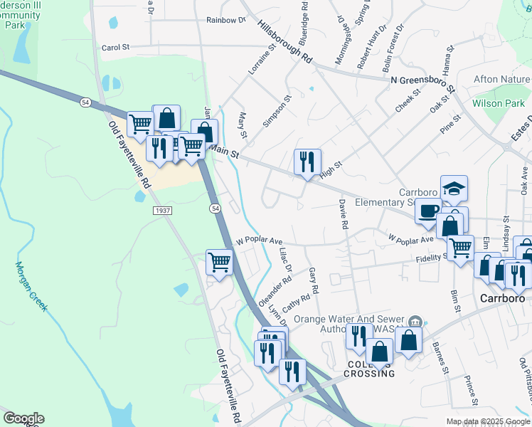 map of restaurants, bars, coffee shops, grocery stores, and more near 121 Westview Drive in Carrboro