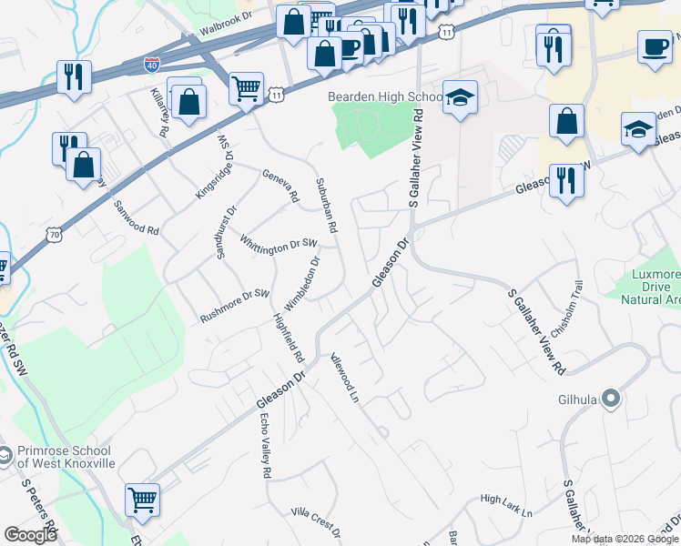 map of restaurants, bars, coffee shops, grocery stores, and more near 307 Suburban Road in Knoxville