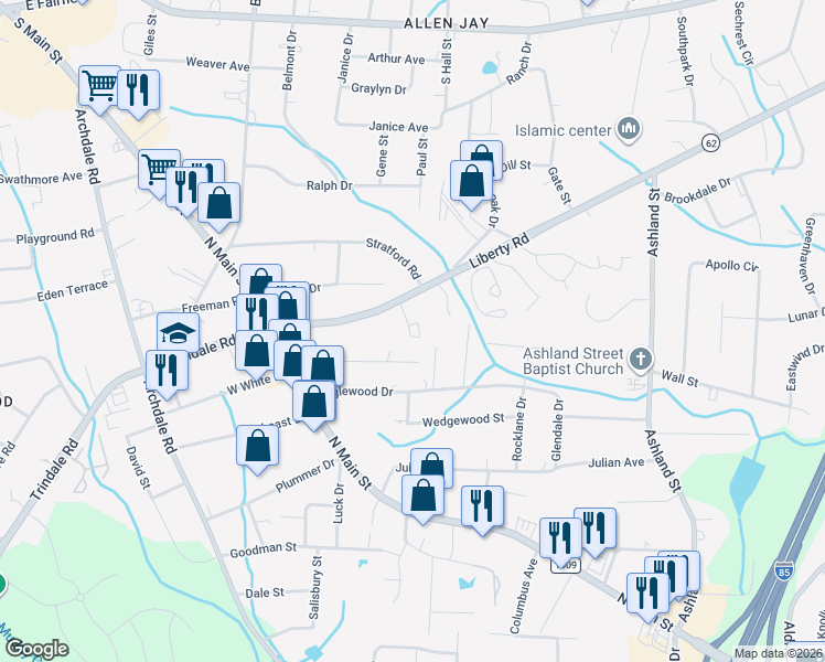 map of restaurants, bars, coffee shops, grocery stores, and more near 502 Liberty Place in Archdale