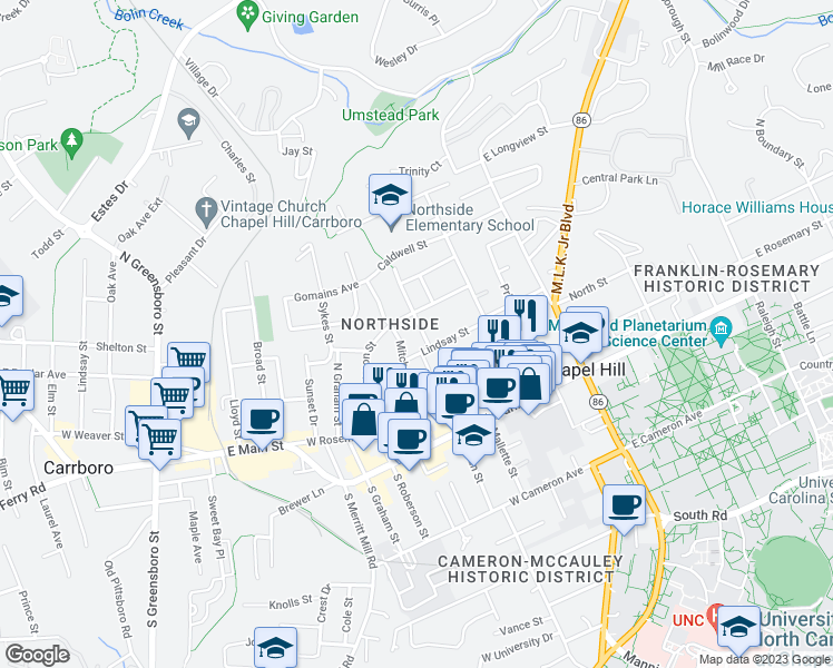 map of restaurants, bars, coffee shops, grocery stores, and more near 407 Cotton Street in Chapel Hill