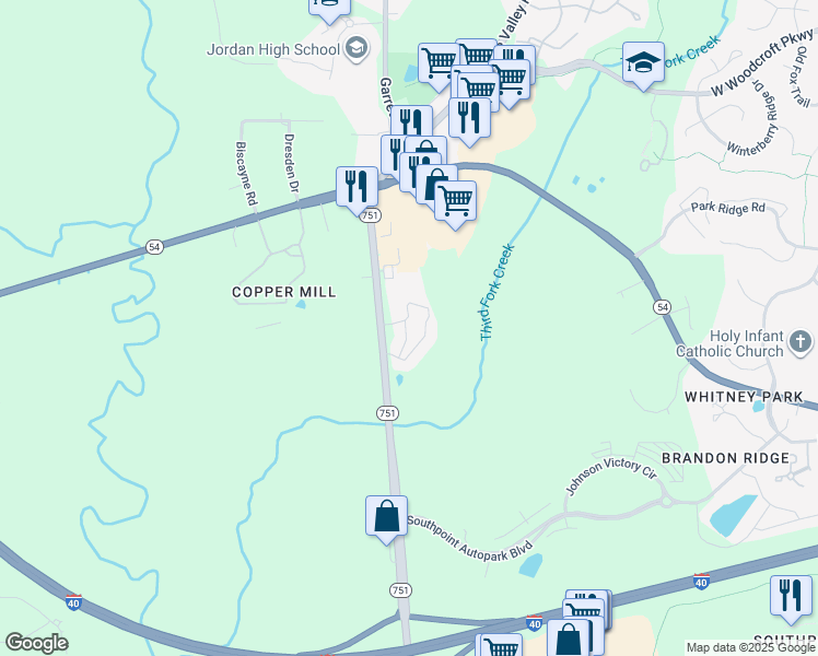 map of restaurants, bars, coffee shops, grocery stores, and more near 7131 North Carolina 751 in Durham