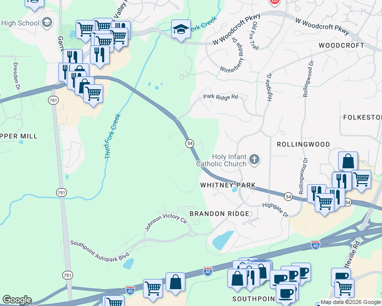 map of restaurants, bars, coffee shops, grocery stores, and more near 4703 Squirrel Hollow Lane in Durham