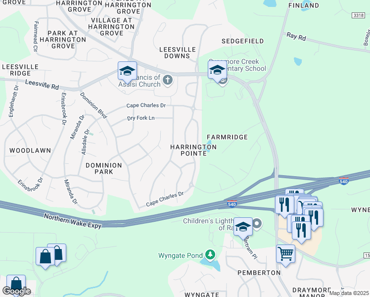 map of restaurants, bars, coffee shops, grocery stores, and more near 7823 Cape Charles Drive in Raleigh