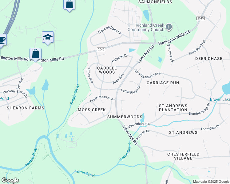 map of restaurants, bars, coffee shops, grocery stores, and more near 2601 Gross Avenue in Wake Forest