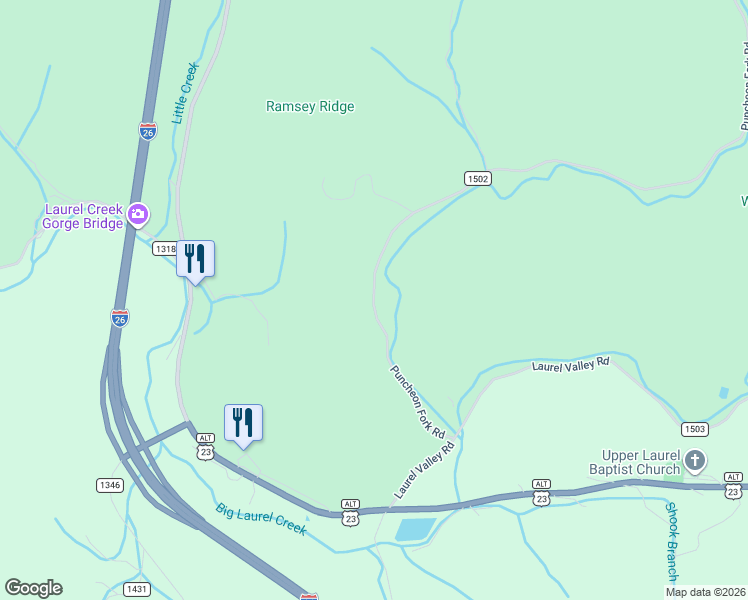 map of restaurants, bars, coffee shops, grocery stores, and more near 954 Puncheon Fork Road in Mars Hill