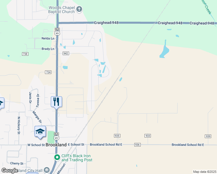 map of restaurants, bars, coffee shops, grocery stores, and more near 358 County Road 935 in Brookland