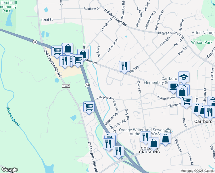 map of restaurants, bars, coffee shops, grocery stores, and more near 502 East Poplar Avenue in Carrboro