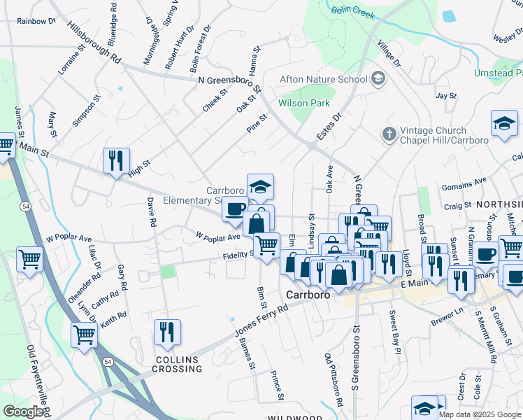 map of restaurants, bars, coffee shops, grocery stores, and more near 400 Shelton Street in Carrboro