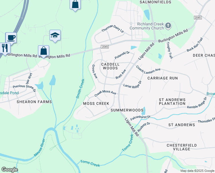 map of restaurants, bars, coffee shops, grocery stores, and more near 2625 Gross Avenue in Wake Forest