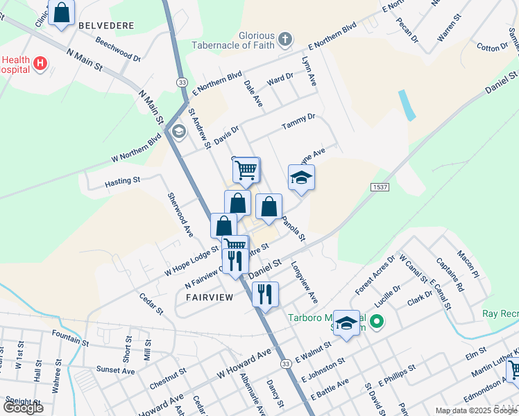 map of restaurants, bars, coffee shops, grocery stores, and more near 2213 Saint Andrew Street in Tarboro