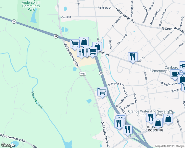 map of restaurants, bars, coffee shops, grocery stores, and more near 112 North Carolina 54 in Carrboro
