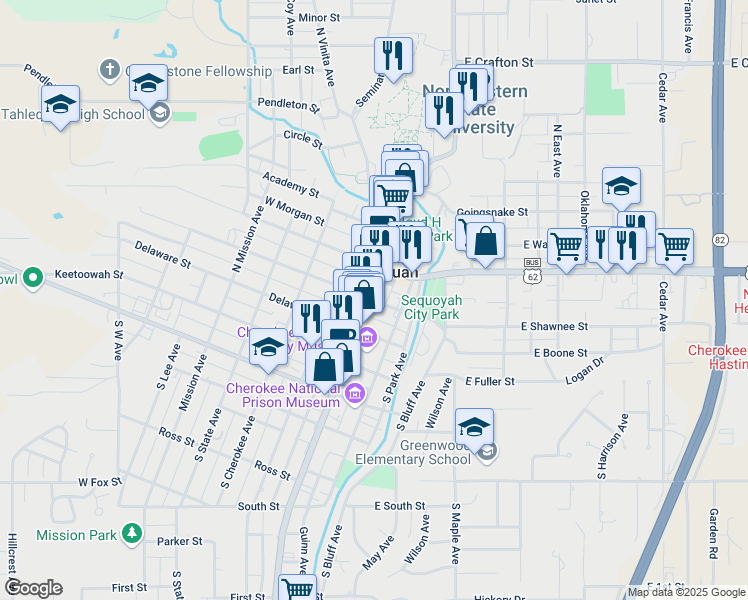map of restaurants, bars, coffee shops, grocery stores, and more near 113 East Shawnee Street in Tahlequah